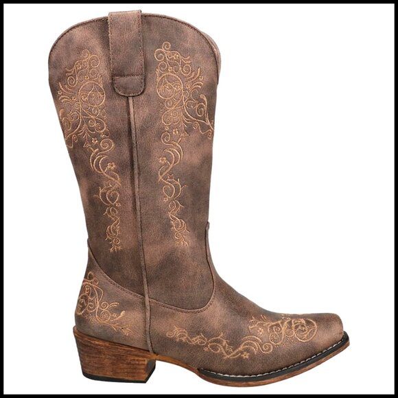Women's Mid Calf Western Boots with Floral Embroidery Snip Toe Low Heel